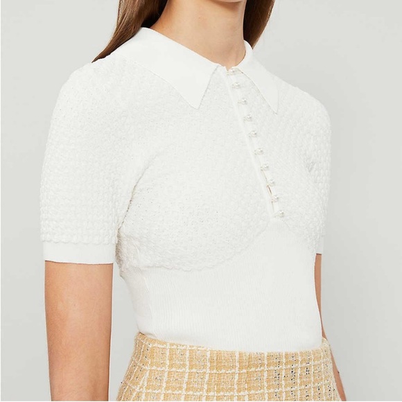 Sandro Cream Esmia knitted polo top with pearl front size 3 / large - Picture 2 of 7